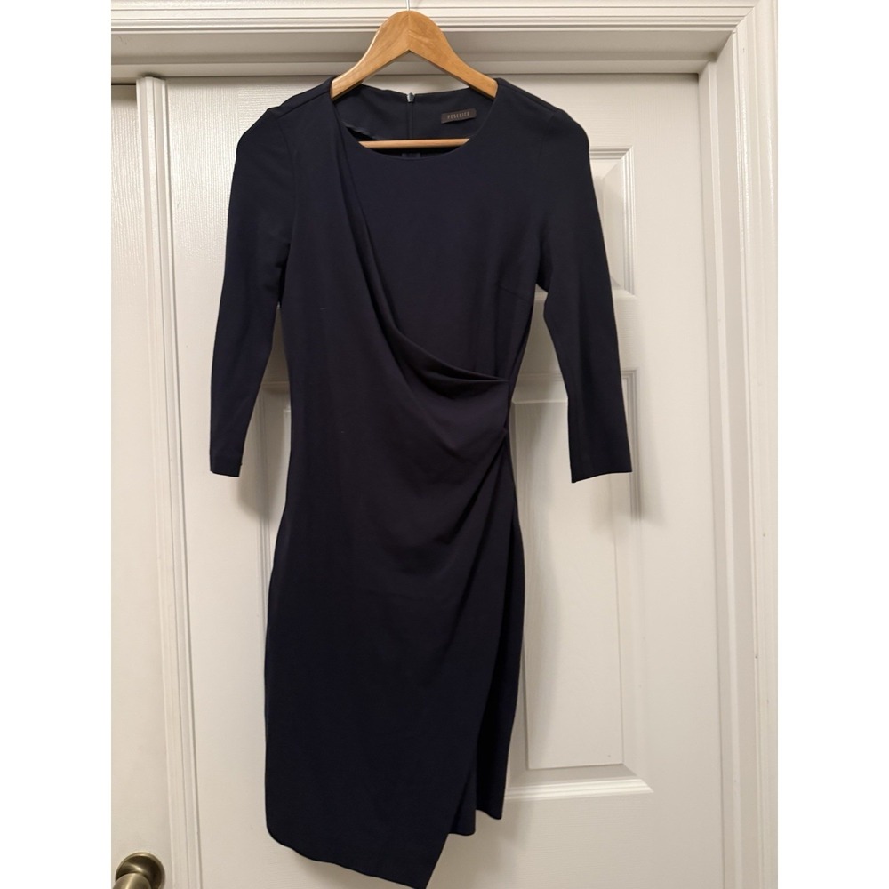 Peserico Draped Wrap Front Dress Womens 38 Navy Blue 3/4 Sleeve Made in Italy